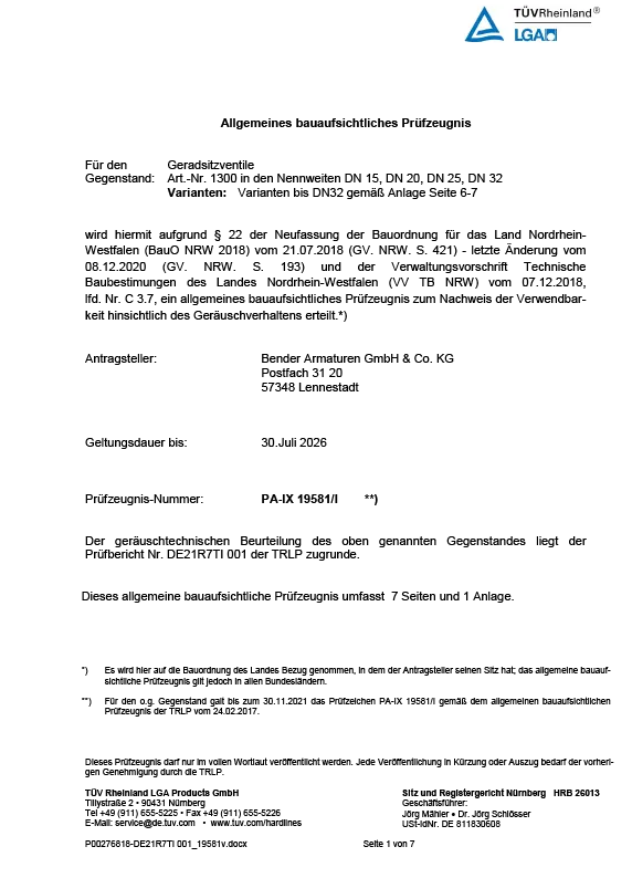 Allgemeines bauaufsichtliches Pr&uuml;fzeugnis f&uuml;r Geradsitzventile Produkttyp 13xx