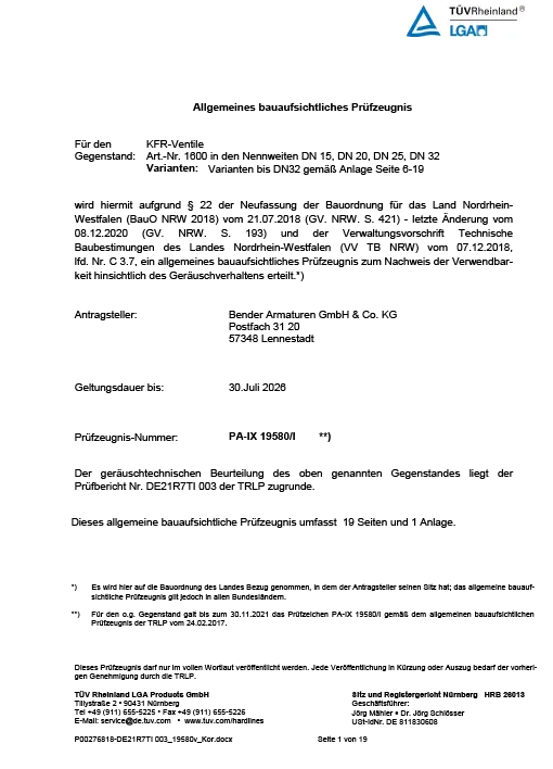 Allgemeines bauaufsichtliches Pr&uuml;fzeugnis f&uuml;r KFR-Ventile & R&uuml;ckflussverhinderer Produkttyp 16xx, 17xx, 26xx, 27xx, 36xx, 37xx, 76xx, 77xx