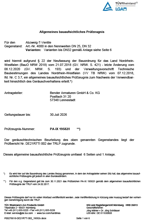 Allgemeines bauaufsichtliches Pr&uuml;fzeugnis f&uuml;r Abzweig-T Ventile Produkttyp 40xx
