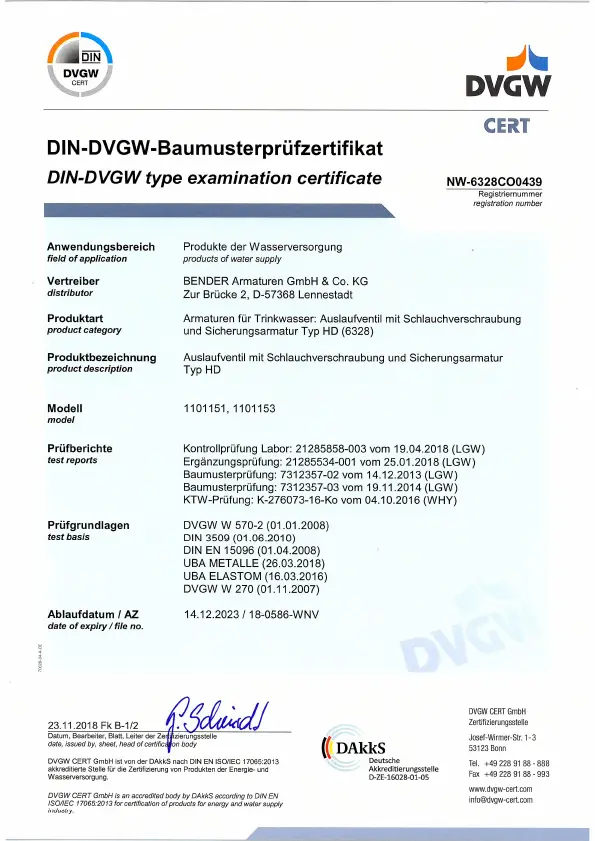 DIN-DVGW-Baumusterpr&uuml;fzertifikat f&uuml;r Auslaufventile Produkttyp 11xx