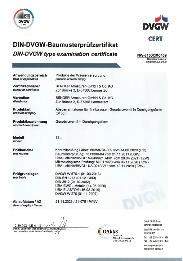 DIN-DVGW-Baumusterpr&uuml;fzertifikat f&uuml;r Geradsitzventile Produkttyp 13xx