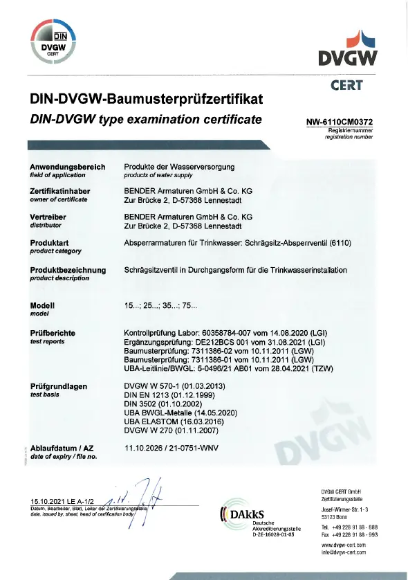 DIN-DVGW-Baumusterpr&uuml;fzertifikat f&uuml;r Freistromventile Produkttyp 15xx, 25xx, 35xx, 75xx