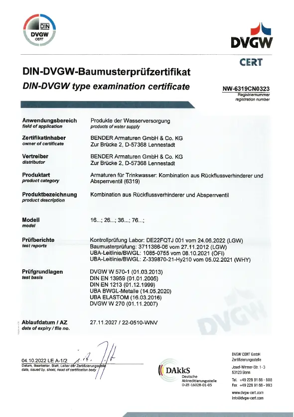 DIN-DVGW-Baumusterpr&uuml;fzertifikat f&uuml;r KFR-Ventile Produkttyp 16xx, 26xx, 36xx, 76xx
