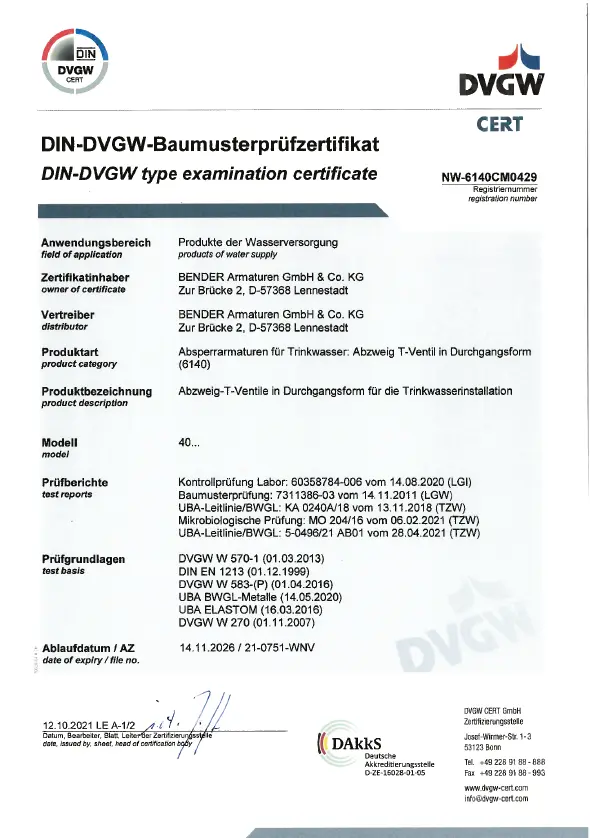 DIN-DVGW-Baumusterpr&uuml;fzertifikat f&uuml;r Abzweig-T Ventile Produkttyp 40xx