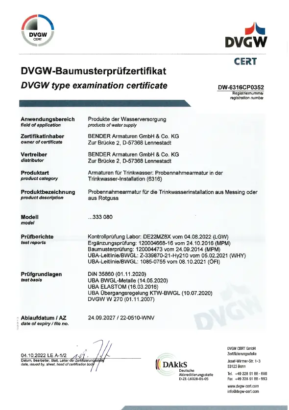 DVGW-Baumusterpr&uuml;fzertifikat f&uuml;r Probennahmeventile Produkttyp 13xx, 33xx